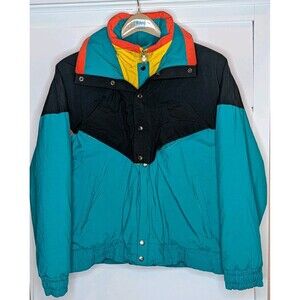 Vintage XSTATX 90s Color Block Puffer Ski Jacket Mens M Teal Black Red Yellow